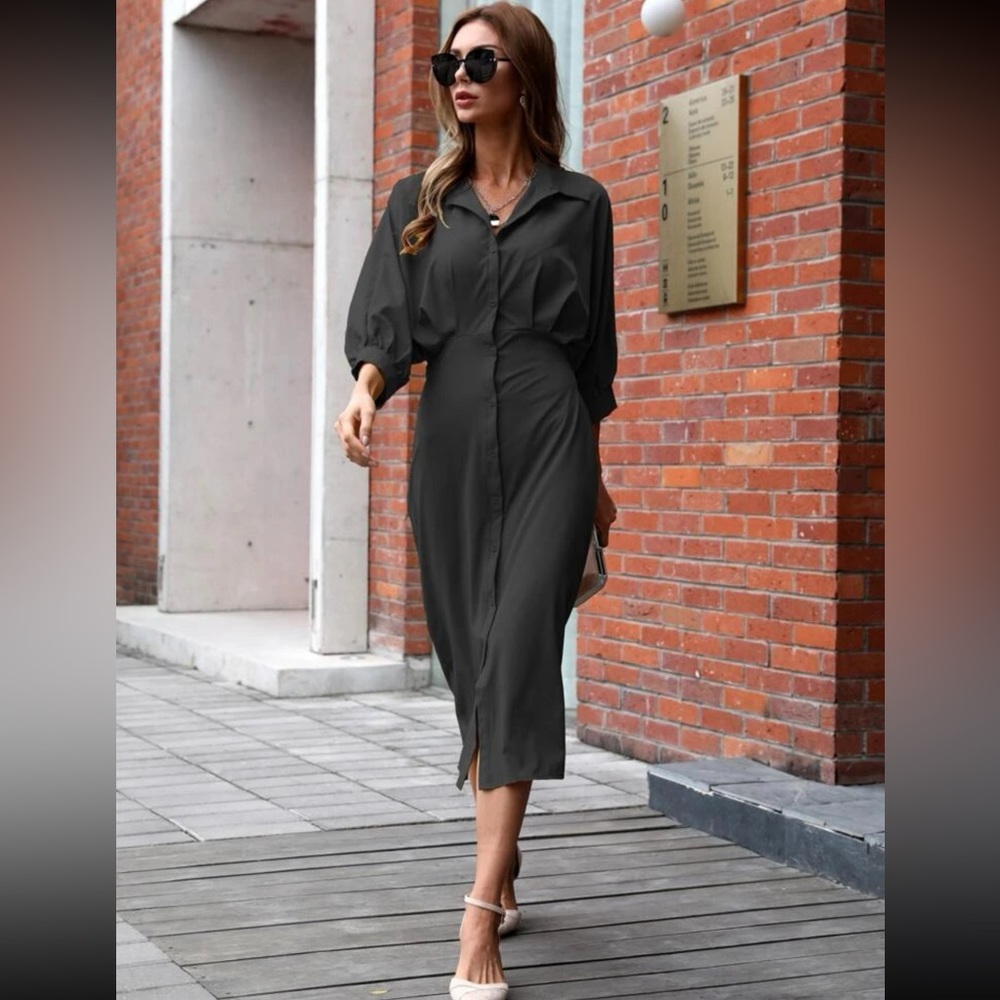 Button Front Batwing Sleeve Dress